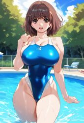 2d ai_generated big_breasts brown_hair day female female_focus female_only hantsu_x_trash hayami_maki outdoors short_hair solo solo_female solo_focus swimsuit tagme