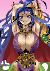 1girls armband bare_shoulders big_breasts blue_eyes breasts breath_of_fire cleavage clothed clothing curvy deis eyelashes eyes_visible_through_hair female female_only green_scales hi_res jewelry lamia large_breasts long_hair long_tail looking_at_viewer monster_girl naga nail_polish nipple_bulge petitdry purple_clothing purple_hair red_nails revealing_clothes scales sharp_fingernails tail