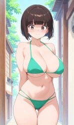 ai_generated asian asian_female bare_thighs bikini brown_eyes brown_hair gigantic_breasts huge_breasts huge_thighs light-skinned_female light_skin massive_breasts nabiki_tendo ranma_1/2 short_hair solo_female squatting sweat sweatdrop thick_body thick_female thick_thighs thighs voluptuous voluptuous_female