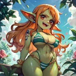 1girls 2d ai_generated big_breasts goblin goblin_female green_skin muscles muscular_female nami_(one_piece) one_piece orange_hair smile solo_female spicy_goblins tagme