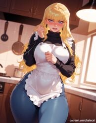 ai_generated balecxi black_sweater blonde_hair blue_eyes blue_pants blush denim earrings female indoors jeans jewelry kitchen large_breasts long_hair long_sleeves looking_at_viewer magik_(illyana_rasputin) magik_(marvel_rivals) marvel marvel_rivals open_mouth patreon_username solo thick_thighs turtleneck turtleneck_sweater white_apron wide_hips