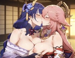 2girls ai_generated alyxia female_only genshin_impact kissing nipple_slip oppai raiden_shogun tagme yae_miko yuri