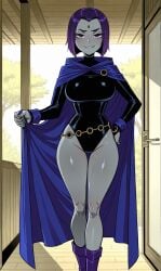 ai_generated big_ass big_breasts cape curvy dc dc_comics female female_focus goth goth_girl leotard raven_(dc) rcos sexy smug smug_face solo solo_female solo_focus