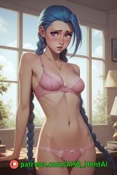 ahq_hentai ai_generated arcane arcane_jinx blue_hair blush breasts jinx_(league_of_legends) league_of_legends pink_bra pink_eyes pink_panties shy stable_diffusion standing underwear