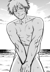 ai_generated bara blush chainsaw_man covering covering_crotch denji_(chainsaw_man) embarrassed gay male male_only muscular sideburns sweat yaoi yoichisai