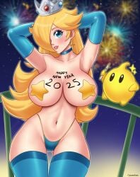 1girls 2025 arms_behind_head armwear big_breasts bikini blonde_hair blue_bikini blue_bikini_bottom blue_eyes blue_legwear breasts choker crown ear_piercing female female_focus fireworks gummslime hourglass_figure human legwear light-skinned_female light_skin lipstick long_hair looking_at_viewer luma mario_(series) marker mature mature_female milf mommy new_year night_sky nintendo nipples_covered outdoors princess princess_rosalina royalty sexy smile stars voluptuous voluptuous_female wide_hips