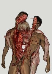 2boys atergraham bisected black_hair blonde_hair blood blood_on_face corpse cum dark_skin death erection ero_guro gore guro highres intestines male_death male_pubic_hair multiple_boys necrophilia nipple_piercing nude organs original piercing pubic_hair yaoi