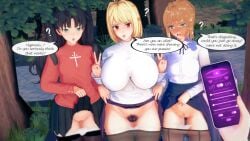 1boy 3d ? ahoge altered_common_sense altered_perception alternate_breast_size annoyed annoyed_expression arcueid_brunestud artoria_pendragon big_breasts blonde_hair blue_eyes breasts breasts_bigger_than_head brown_hair confused crossover dialogue double_v english_text fate/stay_night fate_(series) flashing flashing_pussy gigantic_breasts green_eyes hairy hairy_pussy huge_breasts hypnosis hypnosis_app imminent_sex koikatsu large_breasts melty_blood mosaic_censoring multiple_girls panties panties_down pantyhose_down pantyhose_pull peace_sign pubes red_eyes saber short_hair skirt_lift tagme text tohsaka_rin tsukihime twintails type-moon v-sign victory_sign