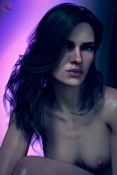 black_hair bobbysnaxey breasts completely_nude female female_only light-skinned_female looking_at_viewer nipples nude purple_eyes solo the_witcher_(series) the_witcher_3:_wild_hunt yennefer