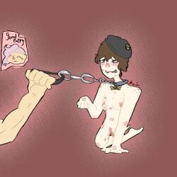 breasts_out brown_hair cuntboy danganronpa denekogobrr drooling fanganronpa fangs good_boy grey_eyes grimwall_ingrid leash_and_collar leash_pull lipstick_mark lipstick_marks muscular_female oc_x_canon original_character pale_skin petplay pink_hair praise project:_eden's_garden puppyplay self_upload twink