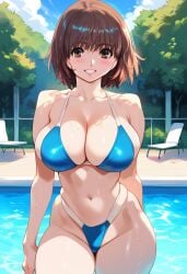 2d ai_generated big_breasts bikini brown_hair day female female_focus female_only hantsu_x_trash hayami_maki highleg outdoors short_hair solo solo_female solo_focus tagme