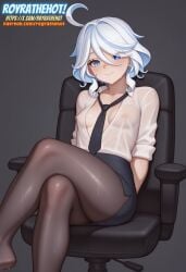 ai_generated arms_behind_back black_pantyhose blue_eyes covered_nipples furina_(genshin_impact) genshin_impact grey_background light-skinned_female light_blue_hair light_skin multicolored_hair necktie office_chair office_lady open_collar pantyhose petite petite_female pink_lips royrathehot see-through see-through_clothing shirt skirt small_ass small_breasts smaller_female smile sweat sweatdrop very_sweaty watermark wet white_hair white_shirt