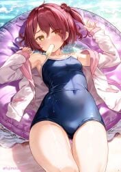 armpits ass_visible_through_thighs bare_legs bare_shoulders bare_thighs beach belly_button_visible_through_clothing blush breasts fujima_takuya hair_ornament komari_chika long_sleeves lying make_heroine_ga_oo_sugiru! one-piece_swimsuit open_jacket popsicle popsicle_in_mouth red_hair seaside shiny_skin side_ponytail small_breasts swimsuit thighs water yellow_eyes