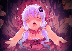 bare_shoulders blush breasts breath closed_eyes dress dress_pull female hair_ornament leaning_back low_twintails nipples no_bra open_mouth petenshi_(dr._vermilion) purple_hair restrained saliva short_hair_with_long_locks solo stationary_restraints sweat tears tentacle through_wall tied_hair tongue trembling twintails vocaloid voiceroid yuzuki_yukari