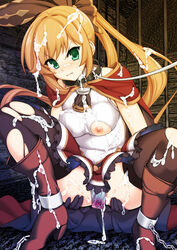 angry asaga_aoi black_gloves black_legwear black_thighhighs blonde_hair blush bondage boots breasts bukkake chains collar cum cum_on_clothes cum_on_hair cum_on_lower_body cum_on_upper_body female frilled_skirt frills gloves granblue_fantasy green_eyes hair_ornament hairbow high_heels leash long_hair looking_at_viewer nipples ponytail skirt solo thighhighs tied_hair torn_clothes torn_legwear torn_thighhighs vibrator