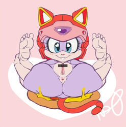 1girls 2016 anthro blue_eyes breasts censored domestic_cat feline female fur furry helmet mammal nipples nude pink_fur pizzacat polly_esther pussy samurai_pizza_cats tail