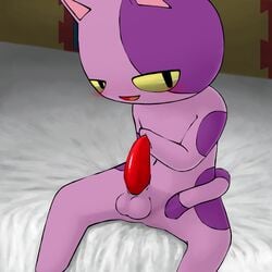 1boy animal_crossing anthro balls bed blush bob_(animal_crossing) cute erection feline male male_only mammal nintendo on_bed open_mouth penis sitting solo tapering_penis uhe uncensored video_games