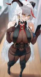 1girls aegir_(azur_lane) ai_generated azur_lane big_breasts breasts female female_focus female_only hard_nipples horns huge_breasts large_breasts long_hair looking_at_viewer nipples nipples_visible_through_clothing thick_thighs thighs white_hair yellow_eyes