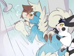 anthro bloowolfy blue_body blue_fur detailed_background duo female female_penetrated fur generation_1_pokemon generation_7_pokemon larger_female lycanroc male male/female male_penetrating male_penetrating_female midnight_lycanroc nintendo penetration pikachu pokemon pokemon_(species) sex shower shower_sex size_difference smaller_male