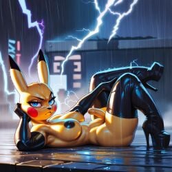 ai_generated balls elbow_gloves futanari high_heels latex lightning lying_on_back penis pikachu pokemon raining thighhighs thunderstorm wet