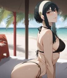 ai_generated alyxia beach bikini black_hair hourglass_figure navel red_eyes spy_x_family yor_briar yor_forger