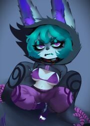 big_breasts blue_fur blue_hair eyelashes eyeshadow fangs feet league_of_legends mayauprising nipple_bulge nipple_tweak nipples purple_eyes shortstack vex_(league_of_legends) yordle