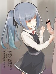 after_sex brown_eyes censored clothed_sex cum cum_in_mouth female kantai_collection kasumi_(kantai_collection) long_hair male ribbon school_uniform silver_hair text translation_request yamaioni_(sasakama)