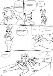 2016 anthro bernielover black_and_white bovine buffalo chief_bogo clothing comic dialogue disney english_text hi_res hyena judy_hopps lagomorph large_breasts mammal monochrome nick_wilde nipples penis rabbit rebecca_(bernielover) text zootopia