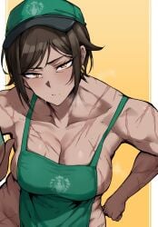 apron apron_only brown_eyes brown_hair cap dark-skinned_female dark_skin light_brown_eyes limbus_company muscular muscular_female outis_(limbus_company) scar solo tresmarrow