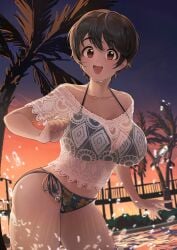 1girl 1girls 2020 2020s bikini bikini_bottom bikini_top happy idolmaster oikawa_shizuku palm_tree see-through_clothing short_hair smile splashing sunset ushimochi water water_drop