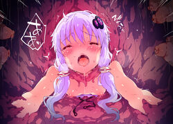 bare_shoulders blush breasts closed_eyes dress dress_pull female hair_ornament low_twintails nipples no_bra open_mouth petenshi_(dr._vermilion) purple_hair restrained saliva short_hair_with_long_locks solo stationary_restraints sweat tears tentacle through_wall tied_hair trembling twintails vocaloid voiceroid yuzuki_yukari