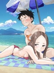 1boy 1girls 2023 ass beach beach_mat bigger_male bikini blush bra_strap_down duo duo_focus glistening glistening_body hand_on_back hatomugi_(user_datj4345) karakai_jouzu_no_takagi-san laying_on_stomach long_hair looking_at_another muscular muscular_male nervous nervous_sweat nishikata oil oiled_skin ponytail rubbing seaside sunscreen swimsuit takagi-san thighs