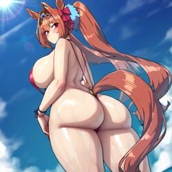 ai_generated animal_ears animal_tail big_ass breasts daiwa_scarlet_(umamusume) female hips horse_girl pussy red_eyes ribbon_in_hair sling_bikini tiara twintails umamusume umamusume_pretty_derby under_view