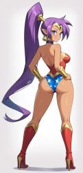 ai_generated ass booty choker cosplay dc_comics female female_only from_behind hands_on_hips high_heel_boots looking_at_viewer looking_back purple_hair self_upload shantae shantae_(character) stable_diffusion wonder_woman wonder_woman_(cosplay) wonder_woman_(series)