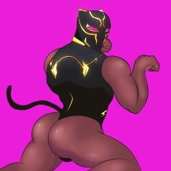 1boy bara big_ass black_panther black_panther_(marvel) black_panther_(marvel_rivals) bubble_ass bubble_butt cat_ears catboy dark-skinned_male dark_male_only dark_skin huge_ass leotard male_focus male_only marvel marvel_rivals muscular muscular_male niz purple_background shiny_skin simple_background solo_male t'challa