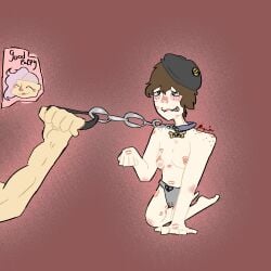 breasts_out brown_hair chastity_belt chastity_device cuntboy danganronpa denekogobrr fanganronpa grimwall_ingrid hat hat_only leash_and_collar leash_pull muscular_female oc_x_canon original_character project:_eden's_garden self_upload twink