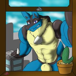 1boy animal_genitalia anthro anthrofied blue_eyes canine grin highres kotetsu_rexen lionel looking_at_viewer lucario macro male male_only mammal muscles nintendo nude pokemon pokemon_(species) pokemorph sheath solo