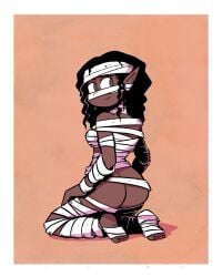 1girls ass elf_ears female kneeling looking_back mummy_costume nude saucycomics tagme