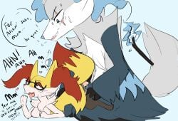 anthro anthro_on_anthro anthro_penetrated anthro_penetrating anthro_penetrating_anthro bloowolfy blue_background blue_body blue_fur bodily_fluids braixen delphox duo english_text female female_penetrated fur generation_6_pokemon genital_fluids male male/female male_penetrating male_penetrating_female moan nintendo penetration pokemon pokemon_(species) sex simple_background text white_body white_fur yellow_body yellow_fur