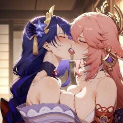 alyxia big_breasts blush boobs_pressed eyes_closed genshin_impact guuji_yae lesbian_sex raiden_shogun tongue_kiss yae_miko yuri