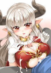 1boy alicia_(granblue_fantasy) blush breasts cleavage_cutout cum cum_on_breasts cum_on_hair demon_girl draph dress earrings facial female gloves gradient_background gran_(granblue_fantasy) granblue_fantasy horns huge_breasts long_hair miyuki_rei paizuri paizuri_under_clothes penis pointy_ears red_eyes silver_hair simple_background solo_focus straight succubus uncensored white_gloves