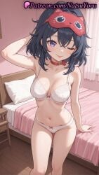 1girls ahoge ai_generated anime anime_style arm_behind_head arm_up armpit armpits asian bangs bare_arms bare_shoulders bed bedroom black_hair blush bow bow_bra bow_panties bra breasts bust busty choker cleavage collar collarbone crossed_bangs curtains feet_out_of_frame female female_focus female_only female_solo hair_between_eyes hentai hi_res high_quality high_resolution highres indoors lingerie looking_at_viewer mask mask_on_head medium_breasts medium_hair miside mita_(miside) natsuyoru navel on_bed one_eye_closed panties pantsu patreon pillow purple_eyes red_choker red_collar short_hair sleep_mask sleepy_mita_(miside) smile solo solo_female standing stomach thighs tongue tongue_out underwear underwear_only voluptuous voluptuous_female white_bra white_panties window wooden_floor