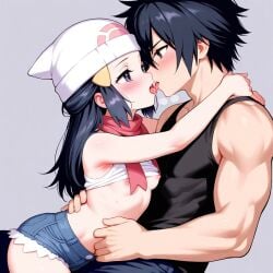 1boy ai_generated black_hair couple crossover dawn_(pokemon) dawn_(pokemon) exposed_breasts fairy_tail female gray_fullbuster kissing petite petite_body petite_female pokemon small_breasts