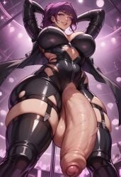 bra futa_focus futa_only futanari glasses honkai:_star_rail huge_ass huge_breast huge_butt huge_cock kafka_(honkai:_star_rail) latex latex_stockings latex_suit nyakumi stripper_pole