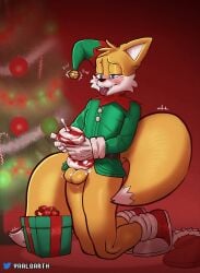 anthro balls blush bodily_fluids bottomless christmas clothed clothing cum cum_in_sex_toy elf_costume genital_fluids genitals hi_res holidays male male_only masturbation miles_prower miles_tails_prower penetrable_sex_toy penis sega sex_toy solo sonic_(series) sonic_the_hedgehog_(series) tails tails_the_fox tongue tongue_out vaalgarth