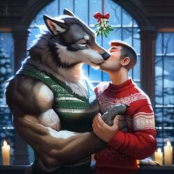 2024 2boys ai_generated animal_humanoid anthro anthro_on_human avaru balls bestiality_kiss black_nose canid canine canis christmas christmas_outfit christmas_sweater duo freckles fur furry gay hair human human_on_anthro humanoid interspecies interspecies_relationship kissing male male_focus mammal mammal_humanoid mistletoe muscular_male romantic romantic_couple size_difference tuft tufted_fur wolf yaoi