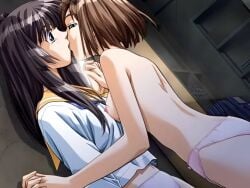 against_wall ai_shimai_~futari_no_kajutsu~ bare_arms bare_shoulders black_eyes black_hair blue_eyes blush breasts breasts_out brown_hair game_cg holding_hands incest kissing kitazawa_rumi kitazawa_tomoko lesbian_kiss long_hair long_sleeves nipples no_bra no_pants official_art panties panties_only pink_panties school_uniform short_hair sisters small_breasts takei_masaki topless underwear yuri