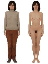 1girls 3d angela_orosco breasts brown_hair clothed/nude completely_nude completely_nude_female dressed_undressed female female_only full_body hairy_pussy highres light-skinned_female looking_at_viewer neutral_expression nipples on/off on_off pants pubic_hair pussy realistic_proportions silent_hill silent_hill_2 silent_hill_2_remake small_breasts solo_female standing sweater transparent_background transparent_png turtleneck white_turtleneck