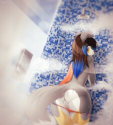 2016 anthro ass blue_hair blue_highlights brown_hair canine clothing derpah female hair highlights looking_back mammal original_character pussy shower smile solo steam thong water wet