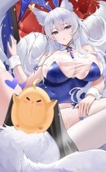 animal_ears arm_ribbon azur_lane bare_shoulders black_footwear blue_eyes blue_flower blue_leotard blue_nails blue_ribbon blunt_bangs breasts buttons censored collared_shirt commentary confetti covered_nipples dot_nose expressionless extra_ears eyelashes fake_animal_ears female floppy_ears flower footjob fox_ears fox_girl fox_tail full_body gai_builiao_mingzi_de_qing_wu_sang hair_between_eyes hair_flower hair_ornament hand_on_own_thigh hashtag-only_commentary heart highres indoors large_breasts leotard light_particles lips long_hair multiple_tails nail_polish neck_flower neck_tattoo official_alternate_costume parted_lips penis pink_lips playboy_bunny rabbit_ears ribbon see-through_clothes see-through_shirt see-through_thighhighs shinano_(azur_lane) shinano_(visions_of_fantasy)_(azur_lane) shirt shoes sitting sleeveless sleeveless_shirt solo strapless strapless_leotard tail tattoo thighhighs two-footed_footjob very_long_hair weibo_watermark white_hair white_shirt white_thighhighs white_wrist_cuffs wrist_cuffs